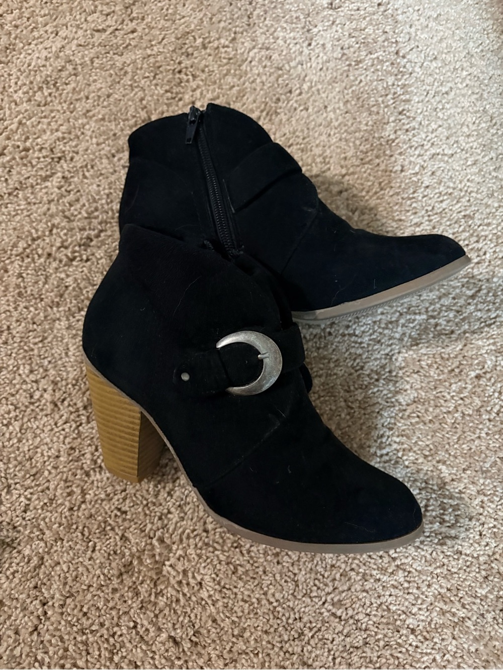 Women's Black Suede Ankle Bootie with Buckle Accent
